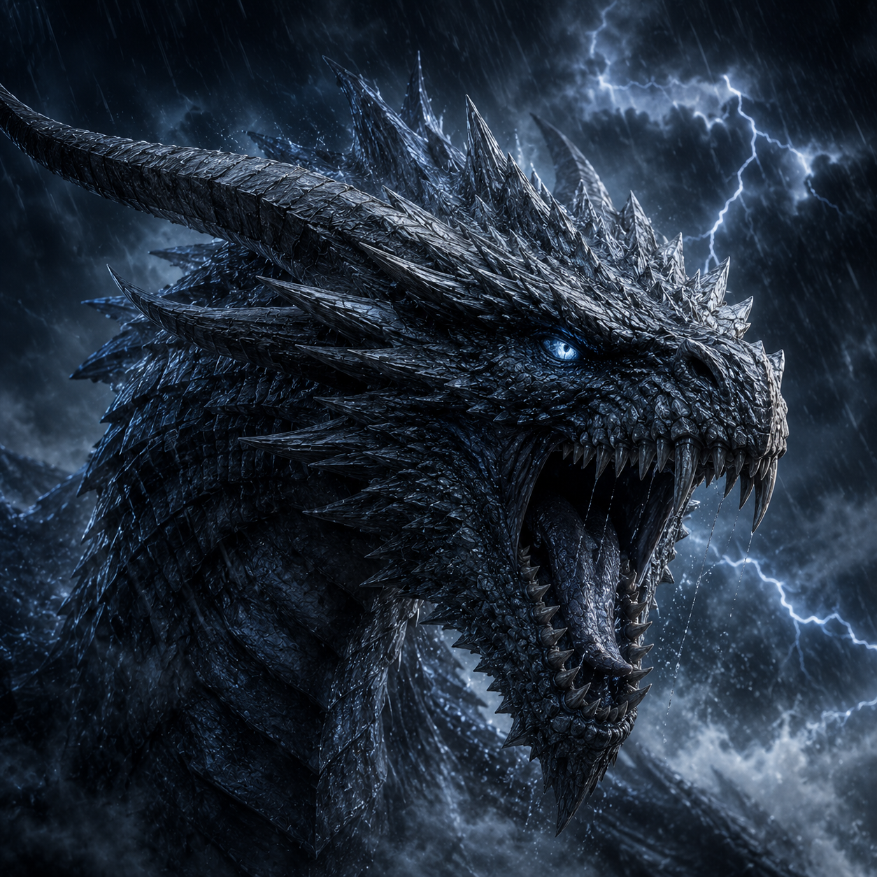 Dragón rugiendo bajo una tormenta